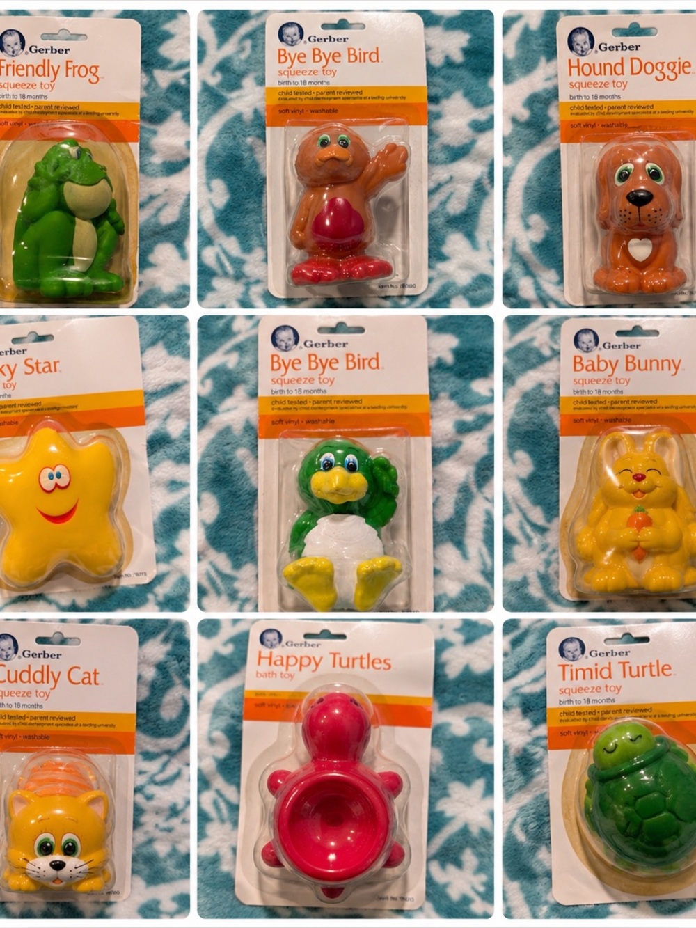 NEW Vintage 80’s Bundle of 9 Different Gerber baby squeeze toys NOS Movie Props